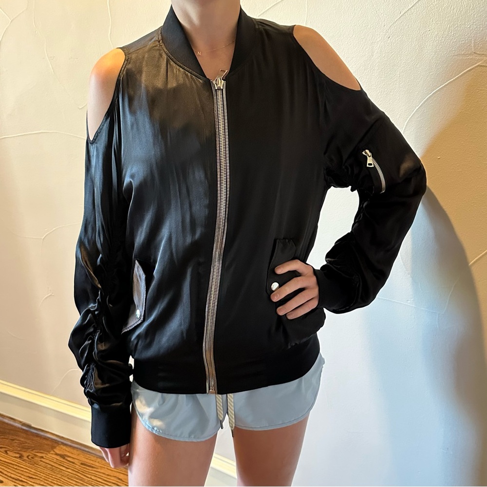 RtA Silk Cold-Shoulder Black Bomber Jacket with Zipper🌸